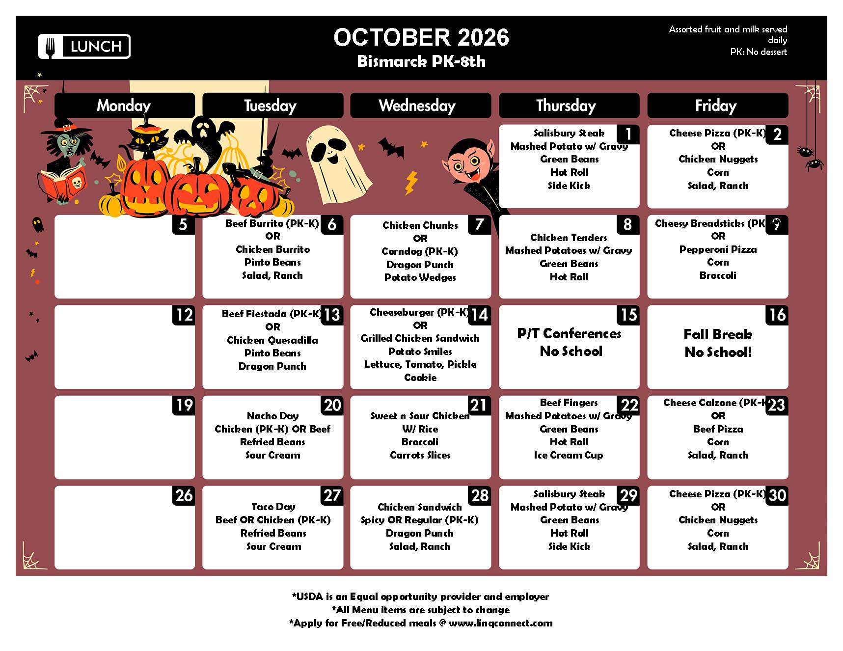 A monthly school calendar for October 2026, featuring a maroon and black theme with Halloween graphics like pumpkins and ghosts along the top.
